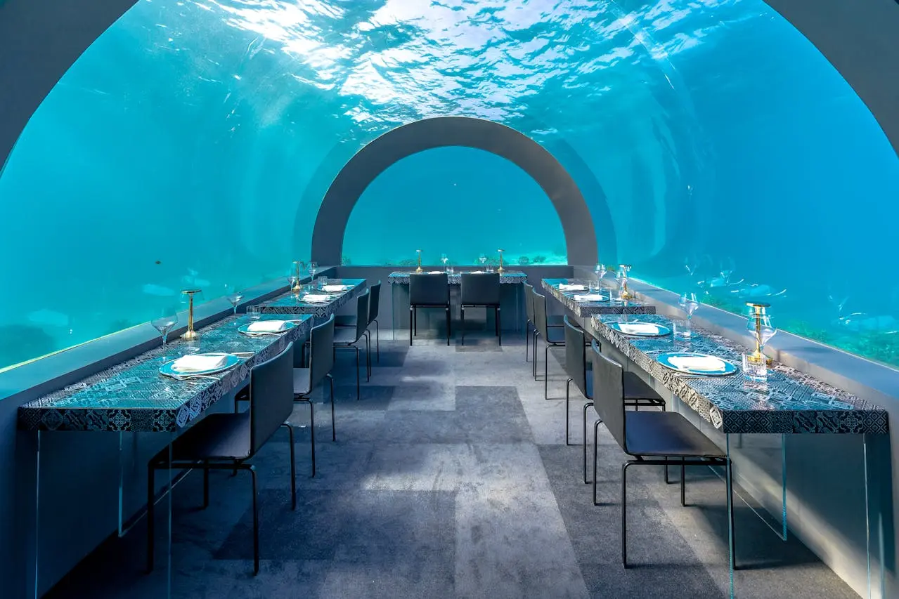 Ithaa underwater restaurant at Conrad Maldives Rangali Island with panoramic reef views