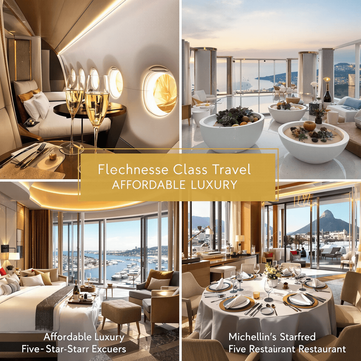 Luxurious business class cabin with champagne, elegant hotel suite with scenic view, and gourmet dining table set for fine dining, showcasing affordable luxury.