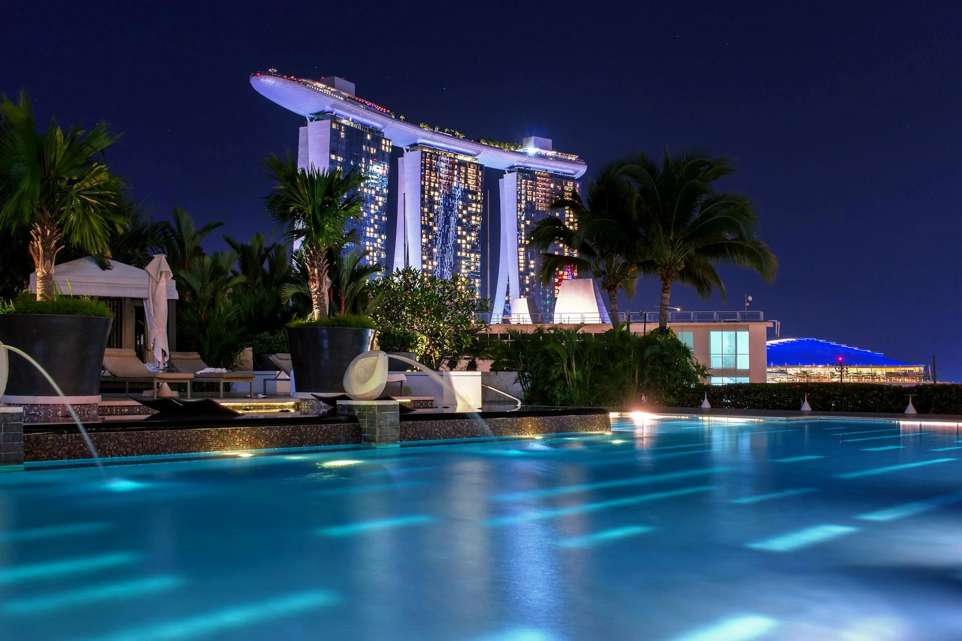 Infinity pool in a luxury hotel overlooking the skyline
