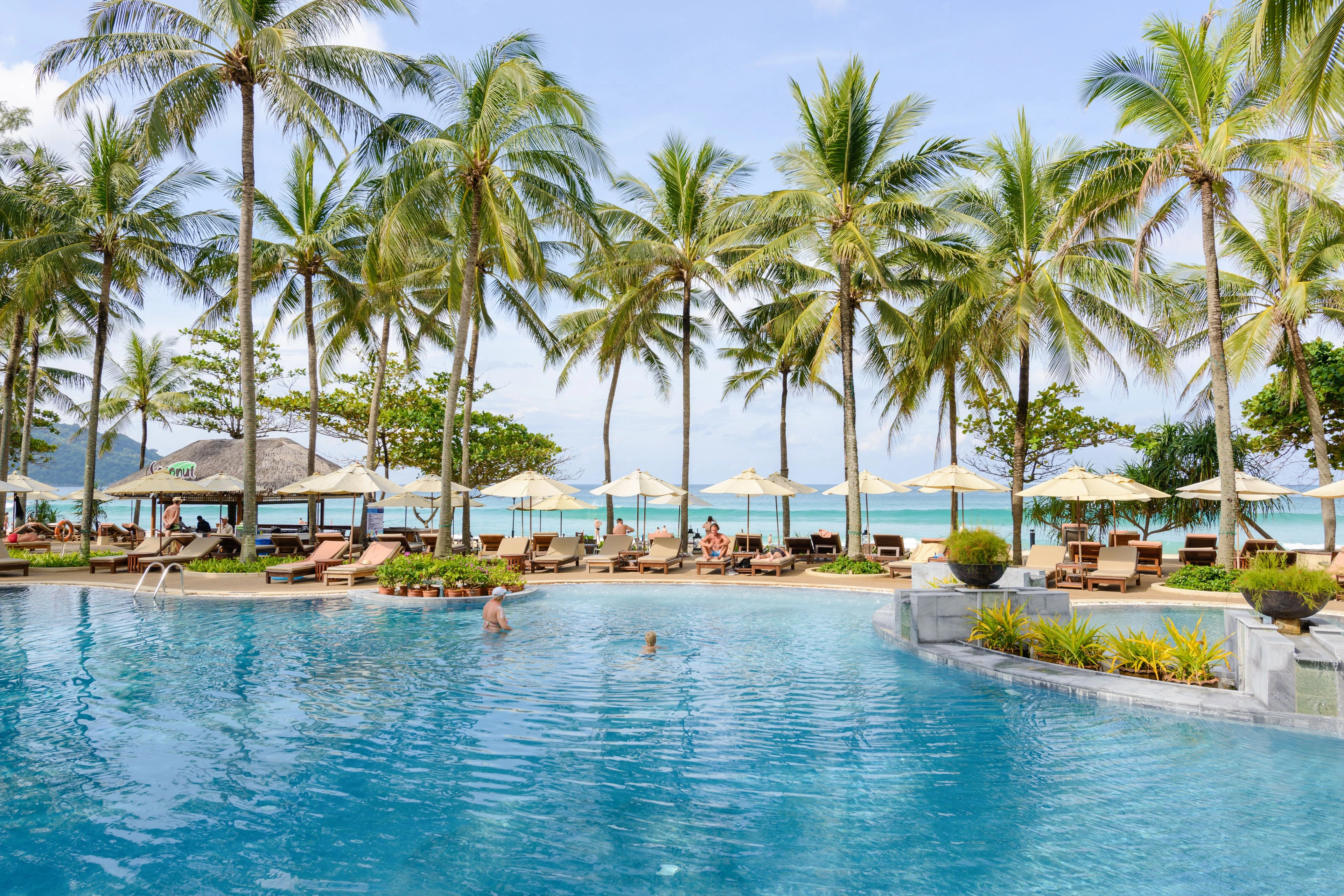The Shore Kata Noi villa private pool with palm trees overlooking turquoise ocean under bright sunny sky.