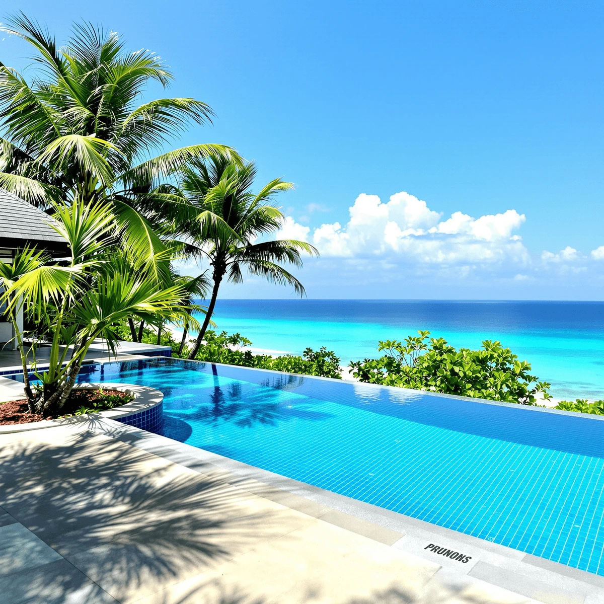 Infinity pool villa with palm trees overlooking turquoise ocean under bright sunny sky, creating a serene tropical paradise atmosphere.