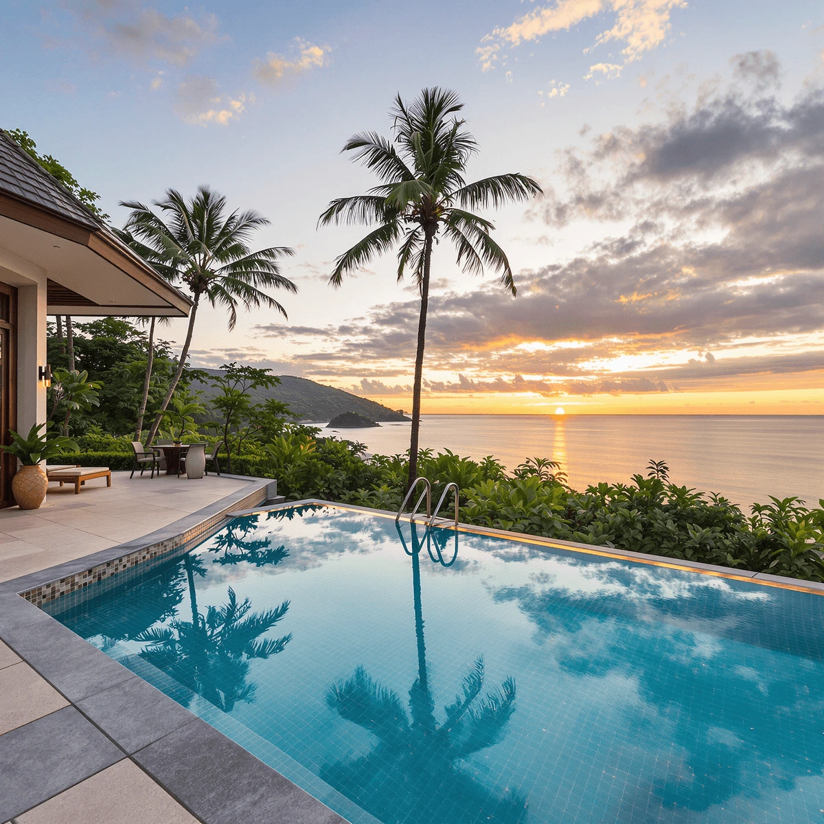 Luxury villa with private infinity pool overlooking tropical greenery and beach at sunset, exuding elegance and tranquility.