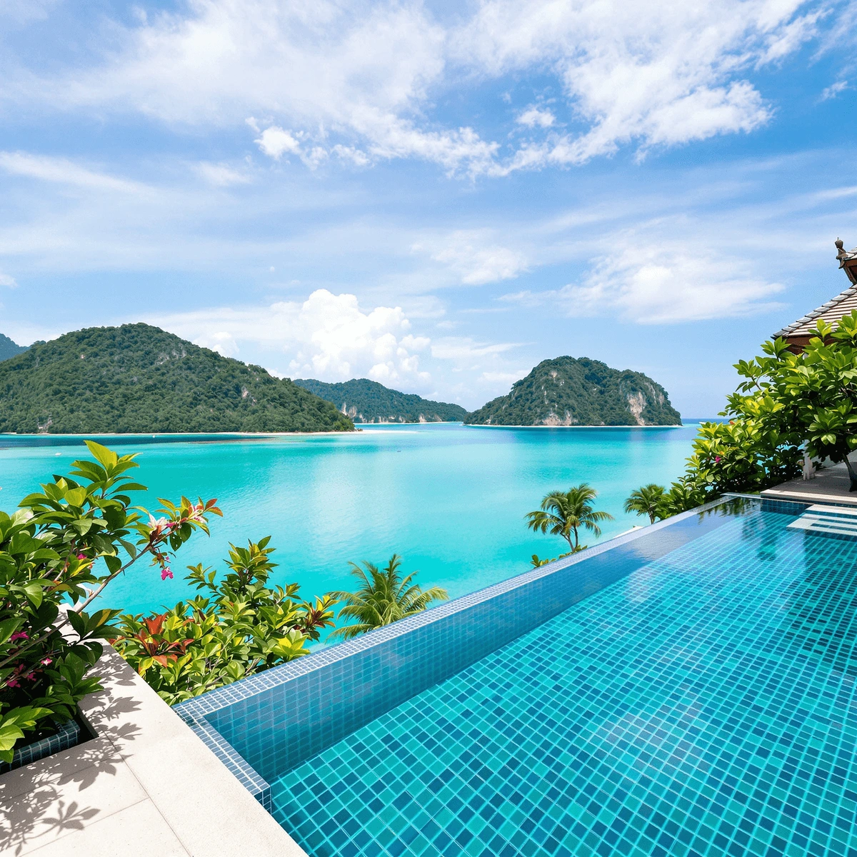 Luxurious tropical beach villa with private infinity pool overlooking turquoise waters and green islands under a bright blue sky.